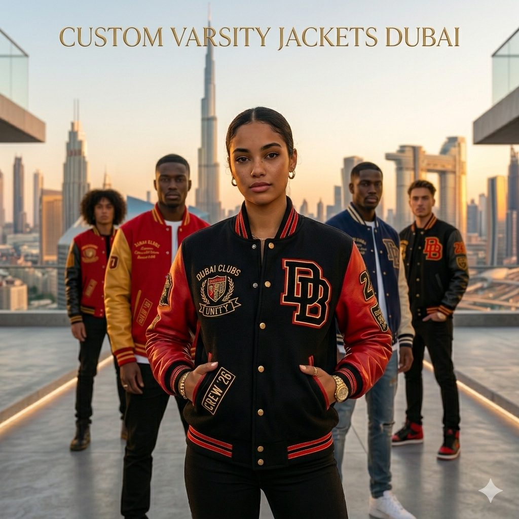 Custom varsity jacket UAE online banner showing luxury embroidered jackets with leather sleeves and stylish urban fashion look