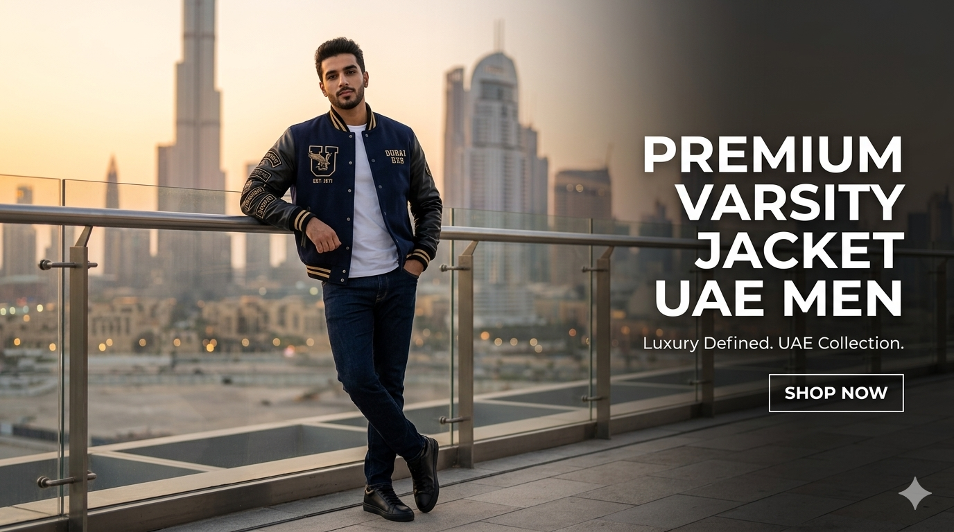 Stylish man wearing a premium varsity jacket in UAE with leather sleeves and embroidered details in a luxury urban Dubai setting.