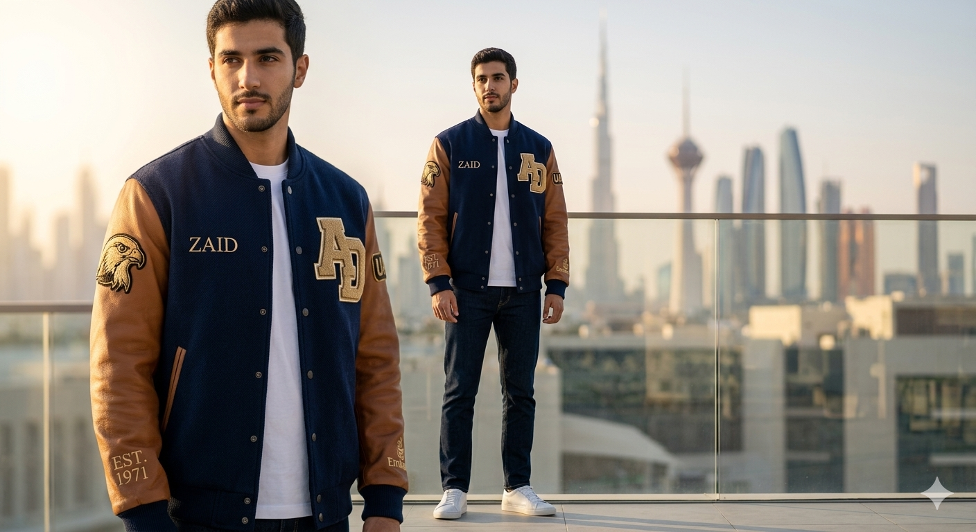 Varsity Jacket with Name Embroidery UAE custom premium jacket with personalized name stitching and leather sleeves