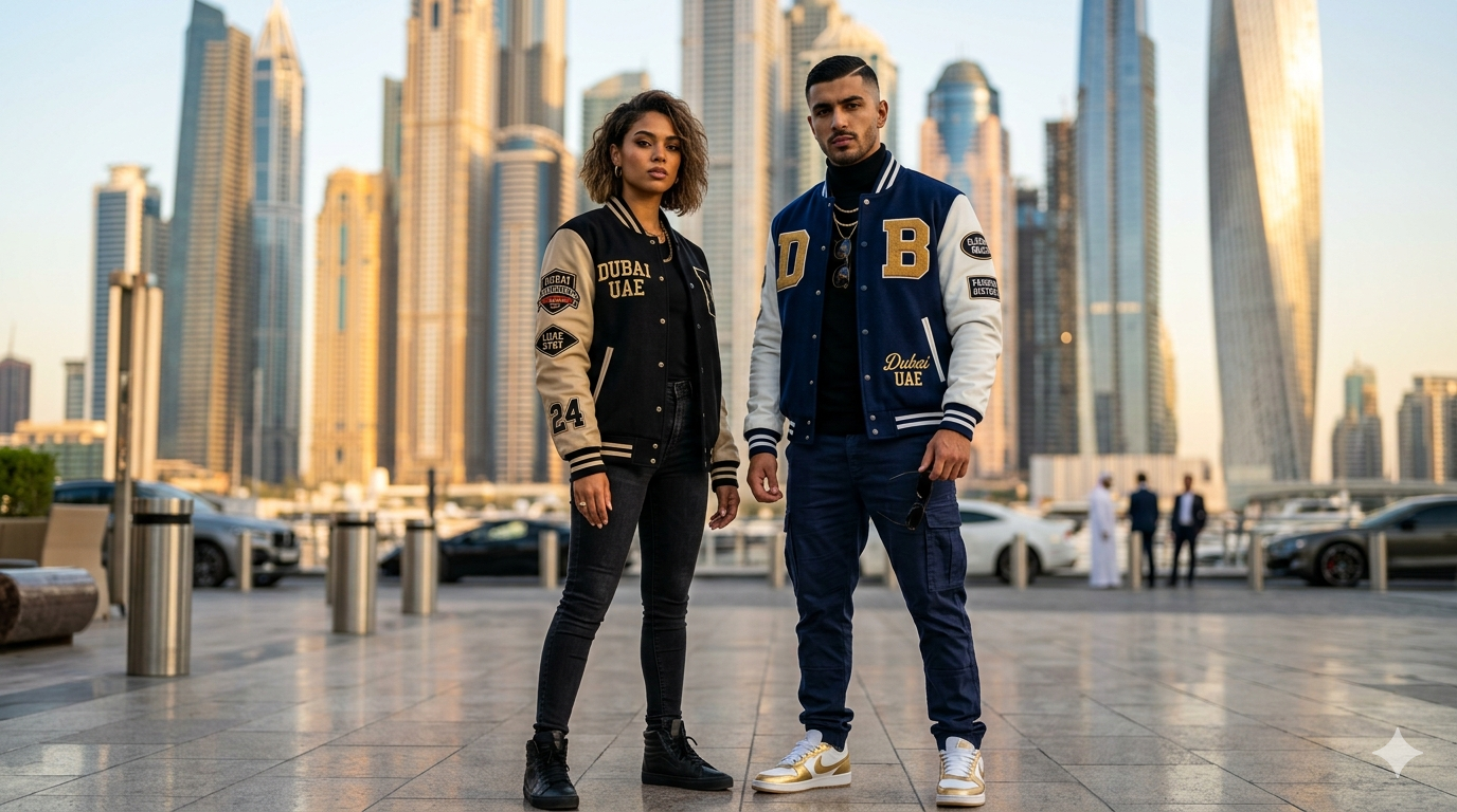 Custom Letterman Jacket Dubai UAE worn by models showcasing premium personalized varsity jackets for teams, brands, and fashion wear in luxury urban style
