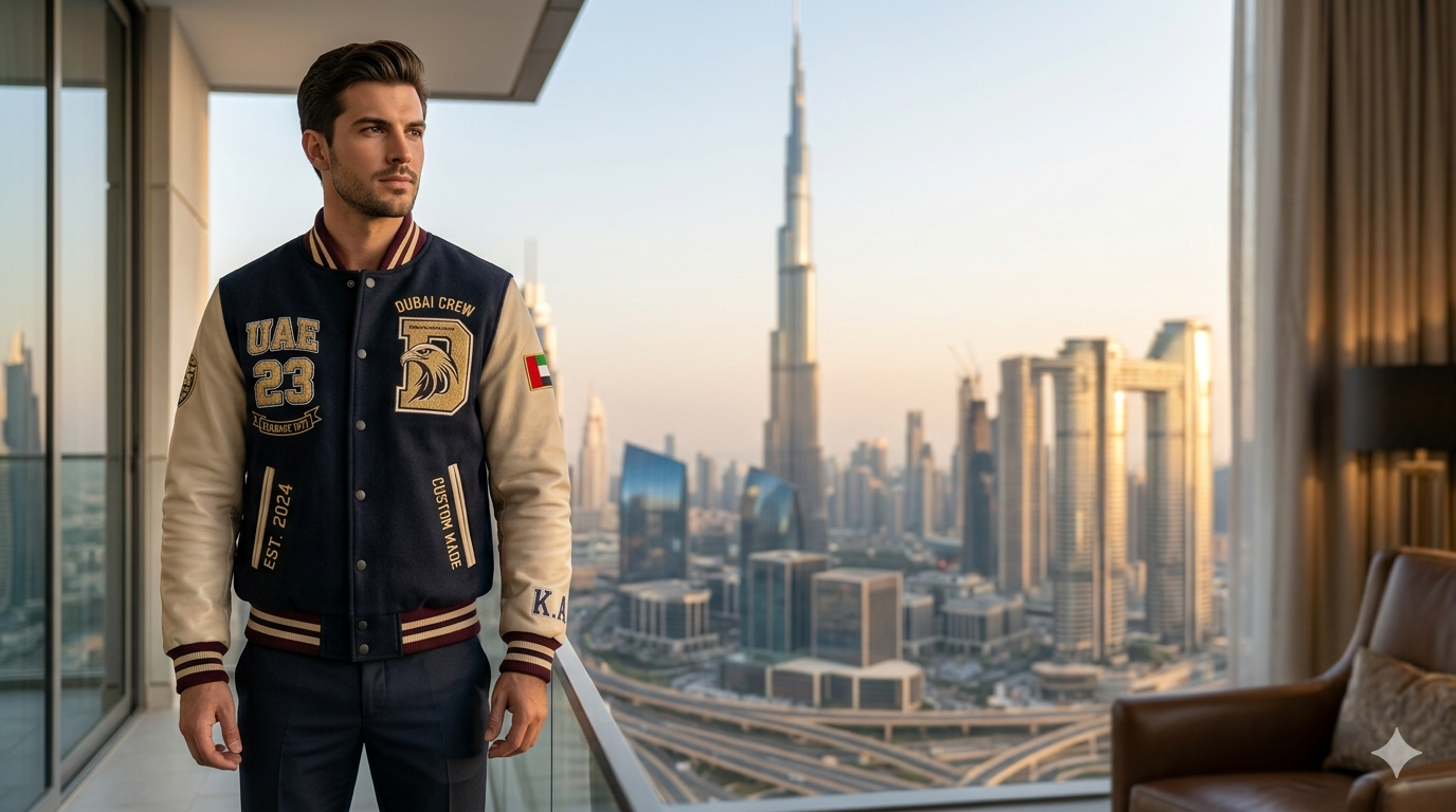 Premium varsity jacket UAE online showcasing custom luxury design with leather sleeves, embroidery details, and modern streetwear style in an urban UAE city background