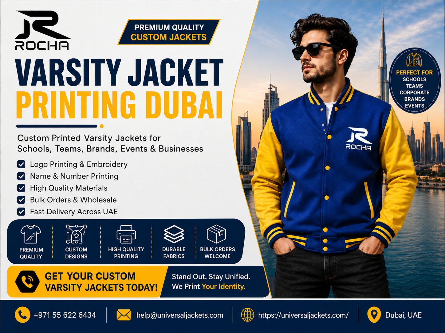 Varsity jacket printing Dubai with custom printed blue and yellow jacket