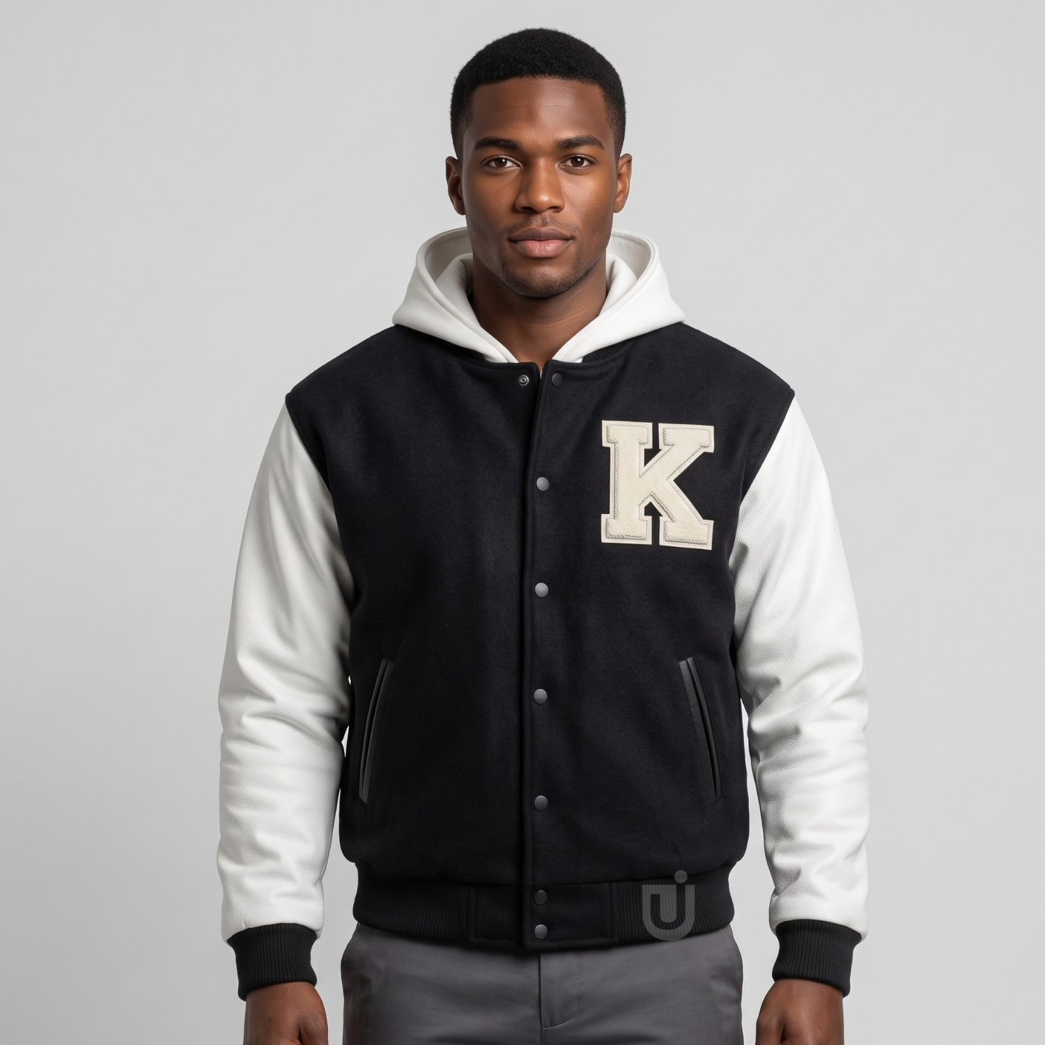 Black and White Hooded Varsity Jacket Black and White Hooded Varsity Jacket